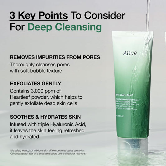 ANUA Heartleaf Quercetinol Pore Deep Cleansing Foam, Facial Cleanser, for Double Cleansing, BHA, Hyaluronic Acid, Glycerin, Face Wash, Blackhead Remover, Korean Skincare (150ml/5.07 fl.oz.)