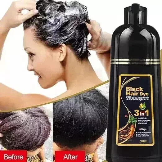 3 in 1 Hair Dye Shampoo for Men and Women, Instant Hair Coloring, 100% Grey Coverage, Natural Black Hair Dye in Minutes (500ml) (Black)