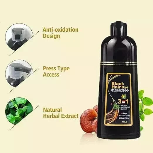 3 in 1 Hair Dye Shampoo for Men and Women, Instant Hair Coloring, 100% Grey Coverage, Natural Black Hair Dye in Minutes (500ml) (Black)